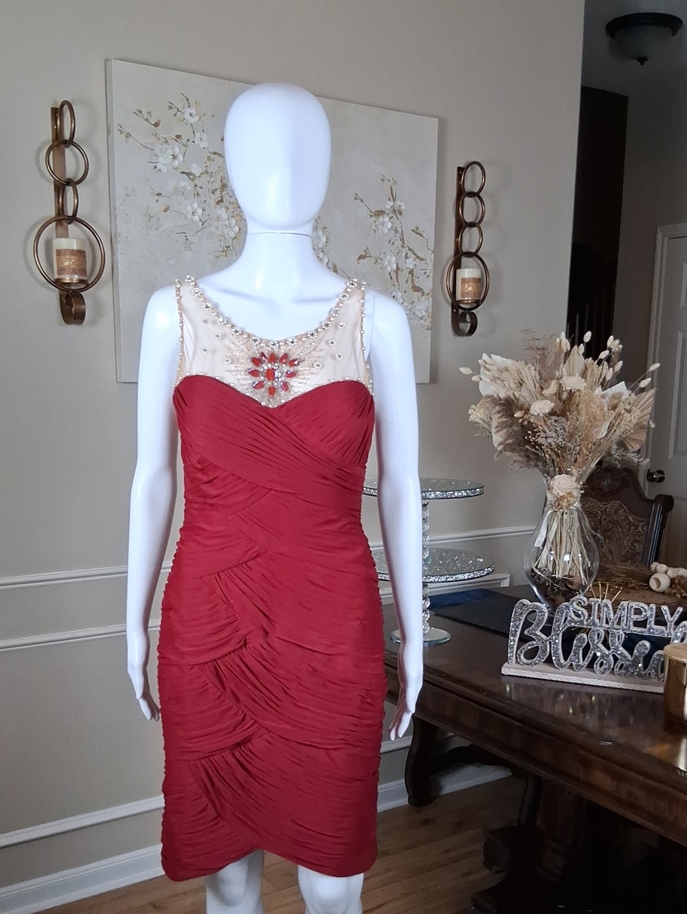 Adrianna Papell Deep Red Beaded Illusion Neck Cocktail Pleated Dress Medium - Picture 15 of 16